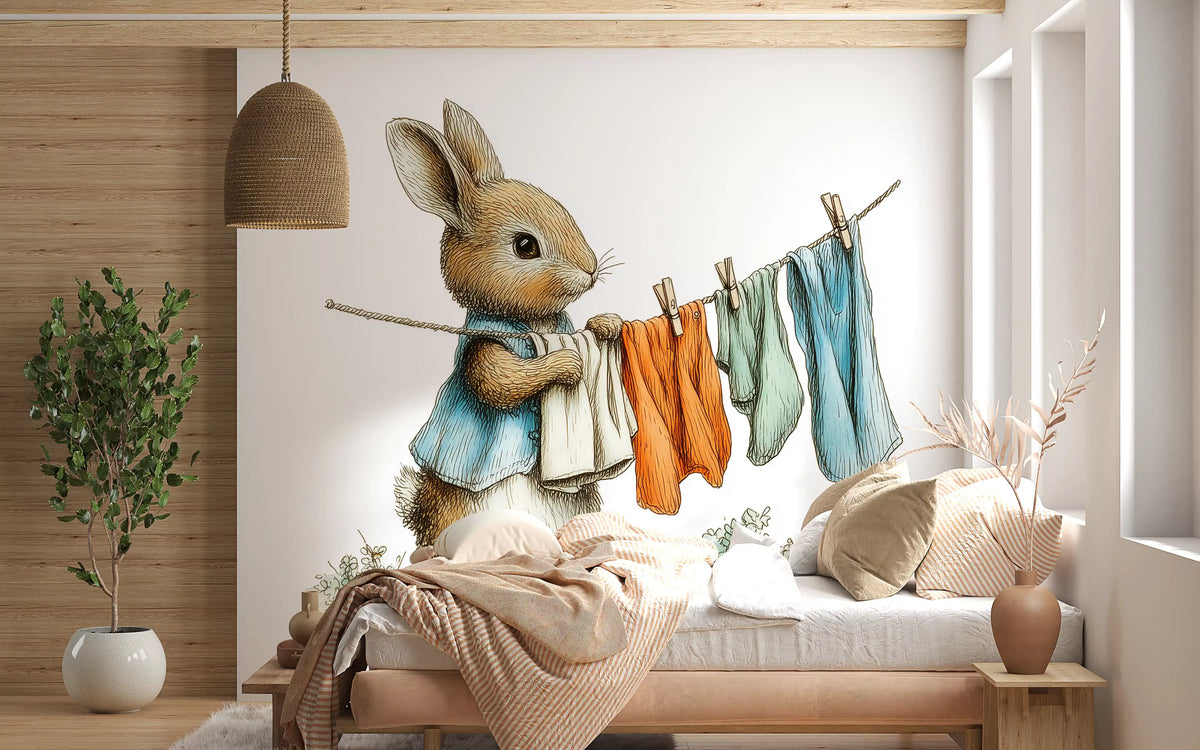 Papier peint panoramique mural Woodland Bunny - Jour de lessive