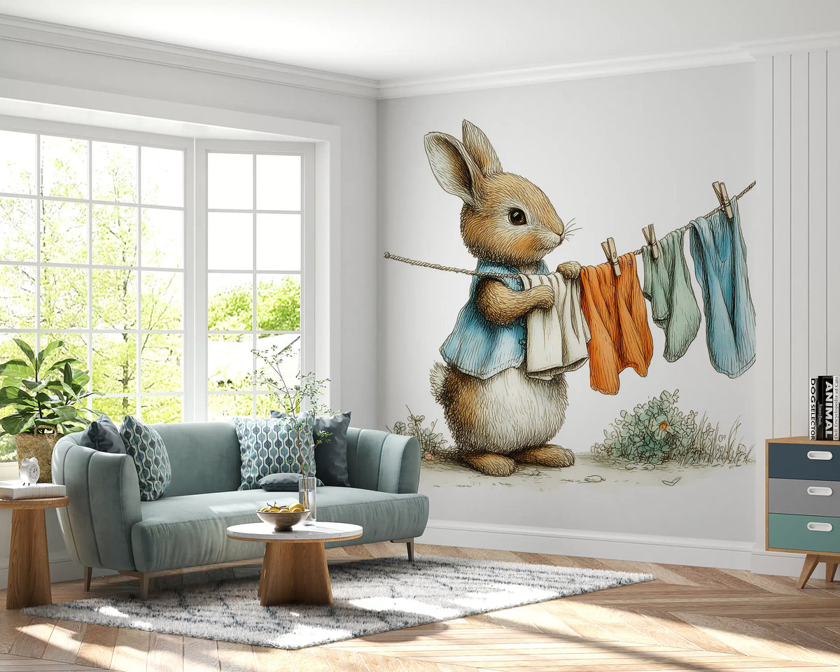 Papier peint panoramique mural Woodland Bunny - Jour de lessive