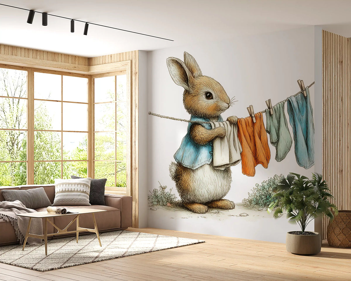 Papier peint panoramique mural Woodland Bunny - Jour de lessive