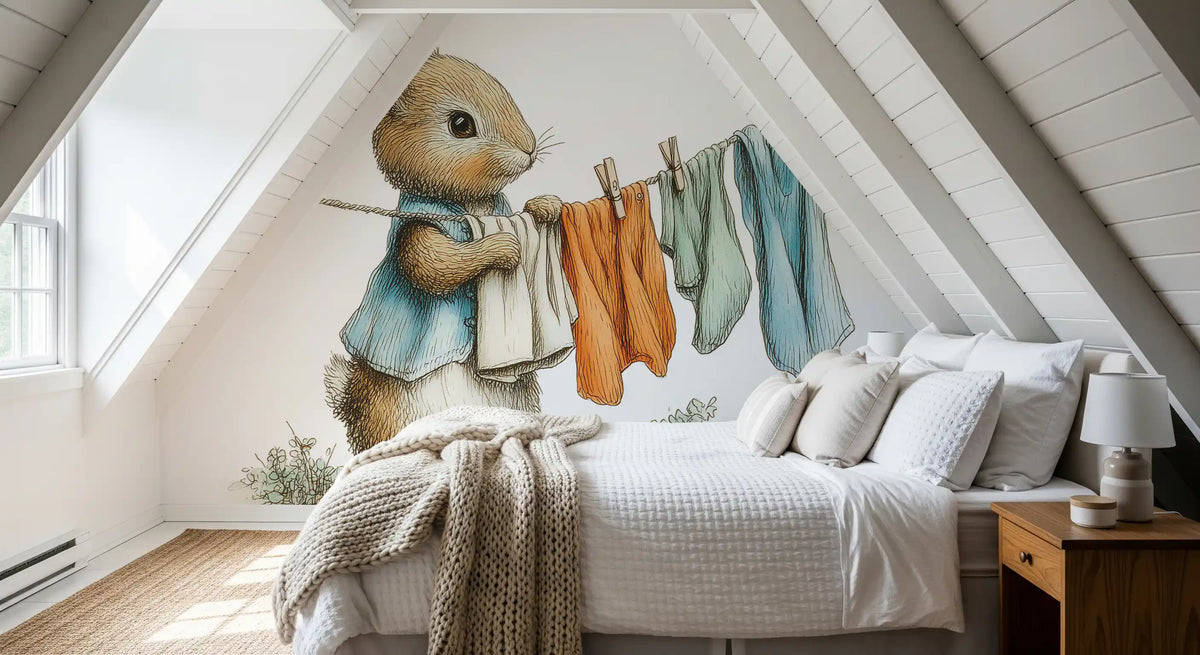 Papier peint panoramique mural Woodland Bunny - Jour de lessive