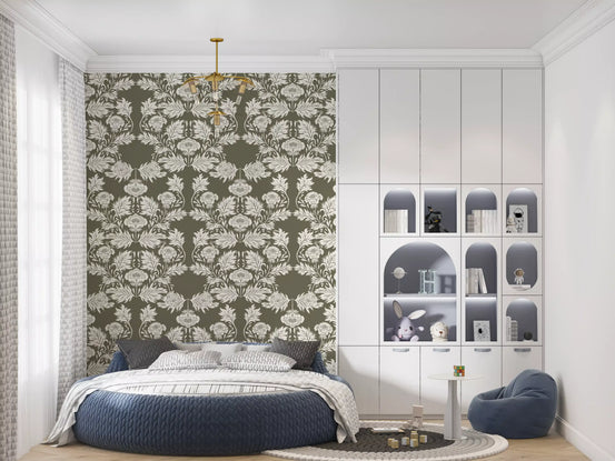 Papier peint à motifs floraux traditionnels vert sauge doux⁠