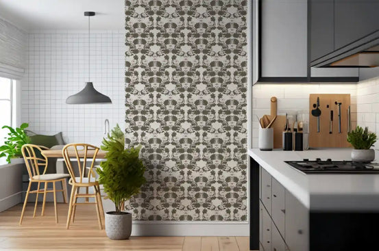 Papier peint illustré représentant un feuillage vert sauge symétrique et des pivoines⁠