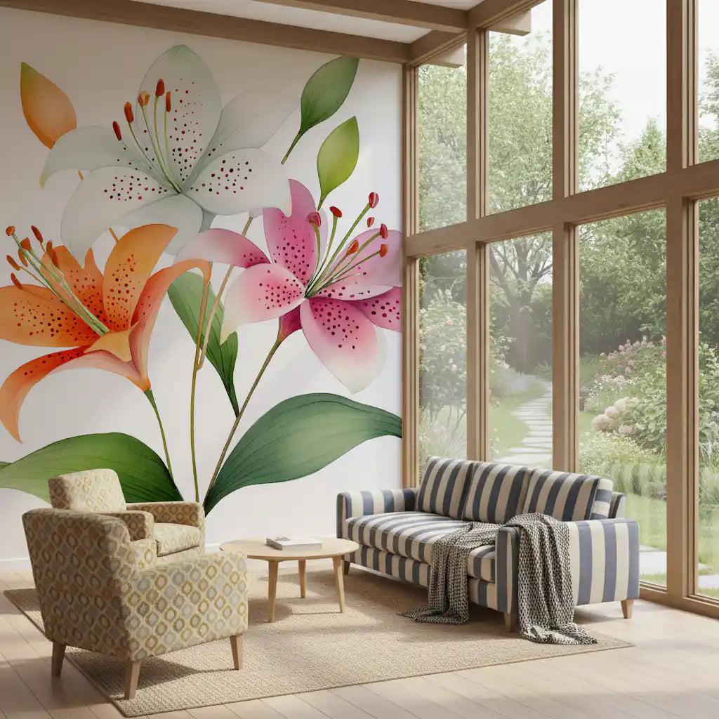 Papier peint panoramique mural représentant un trio de lys botaniques à l’aquarelle