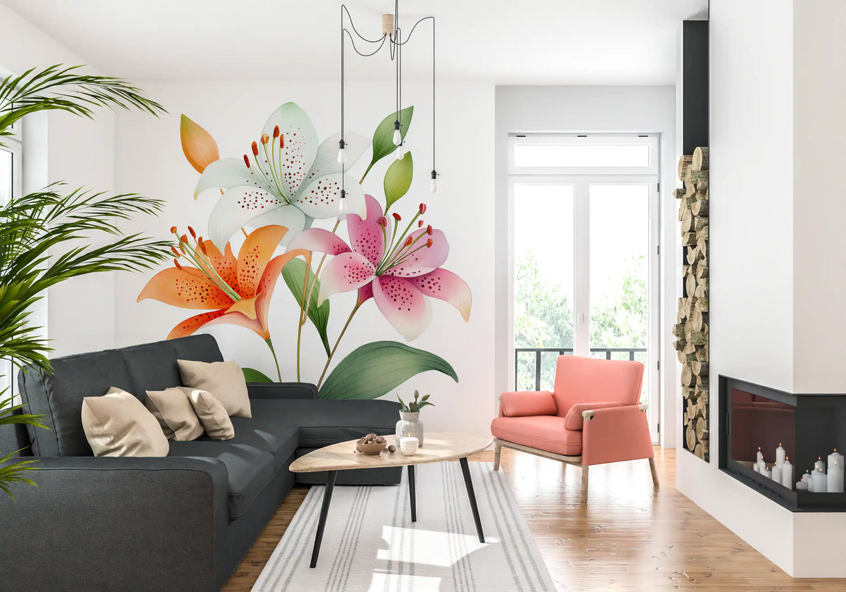 Papier peint panoramique mural représentant un trio de lys botaniques à l’aquarelle