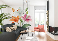 Papier peint panoramique mural représentant un trio de lys botaniques à l’aquarelle