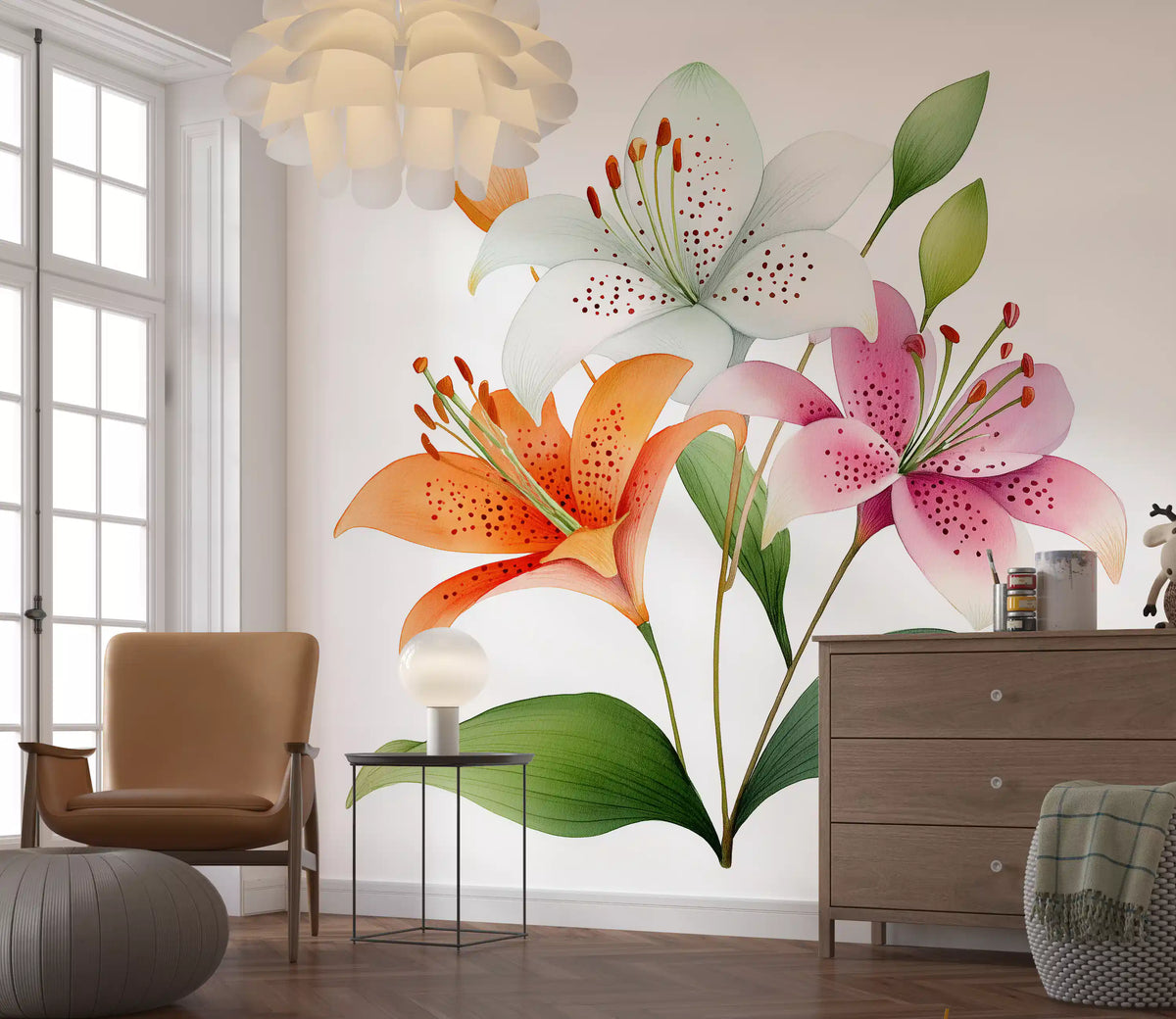 Papier peint panoramique mural représentant un trio de lys botaniques à l’aquarelle