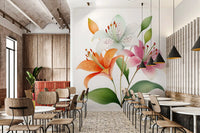 Papier peint panoramique mural représentant un trio de lys botaniques à l’aquarelle