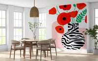 Papavéracées abstraites dans un vase à imprimé zèbre - fresque murale