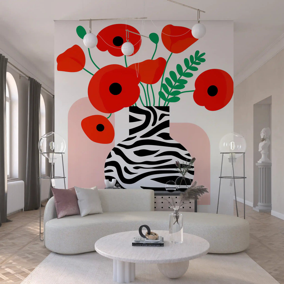 Papavéracées abstraites dans un vase à imprimé zèbre - fresque murale