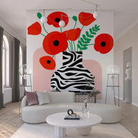Papavéracées abstraites dans un vase à imprimé zèbre - fresque murale