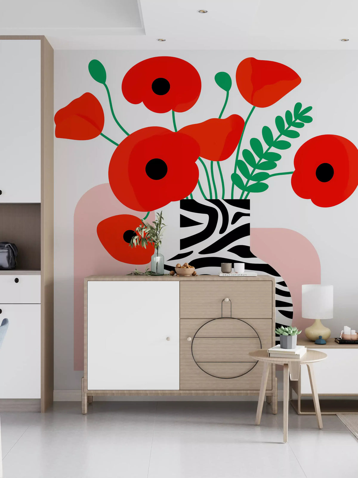 Papavéracées abstraites dans un vase à imprimé zèbre - fresque murale