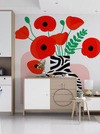Papavéracées abstraites dans un vase à imprimé zèbre - fresque murale