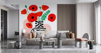 Papavéracées abstraites dans un vase à imprimé zèbre - fresque murale