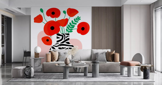 Papavéracées abstraites dans un vase à imprimé zèbre - fresque murale