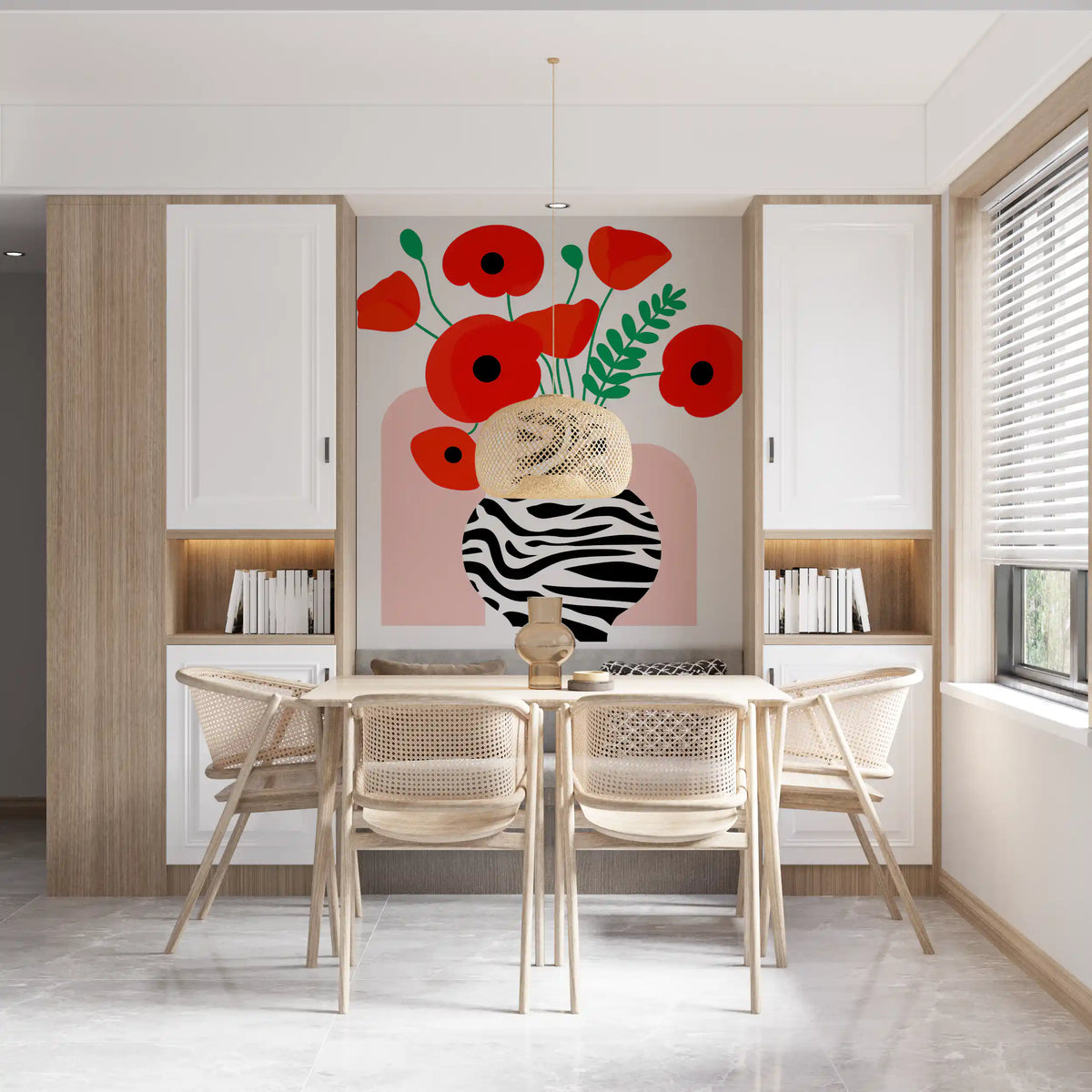 Papavéracées abstraites dans un vase à imprimé zèbre - fresque murale