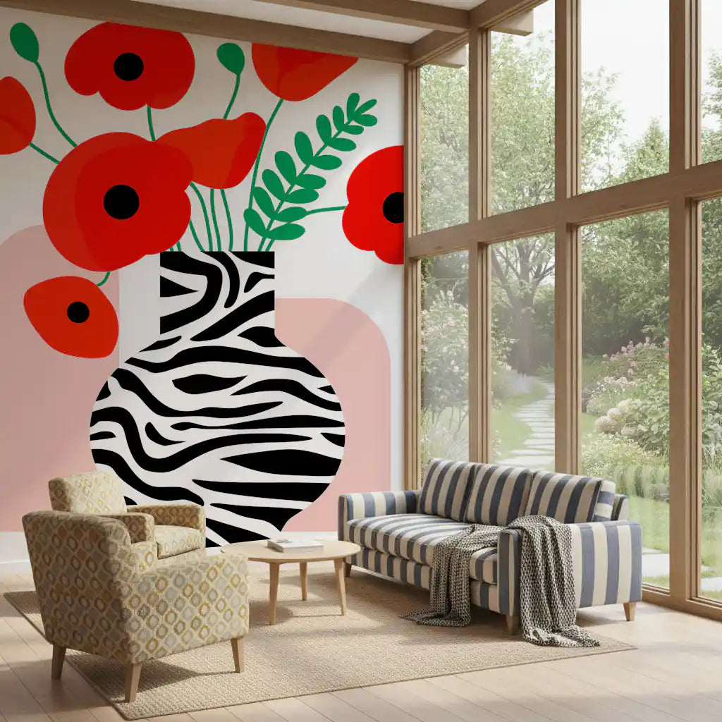 Papavéracées abstraites dans un vase à imprimé zèbre - fresque murale