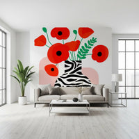 Papavéracées abstraites dans un vase à imprimé zèbre - fresque murale
