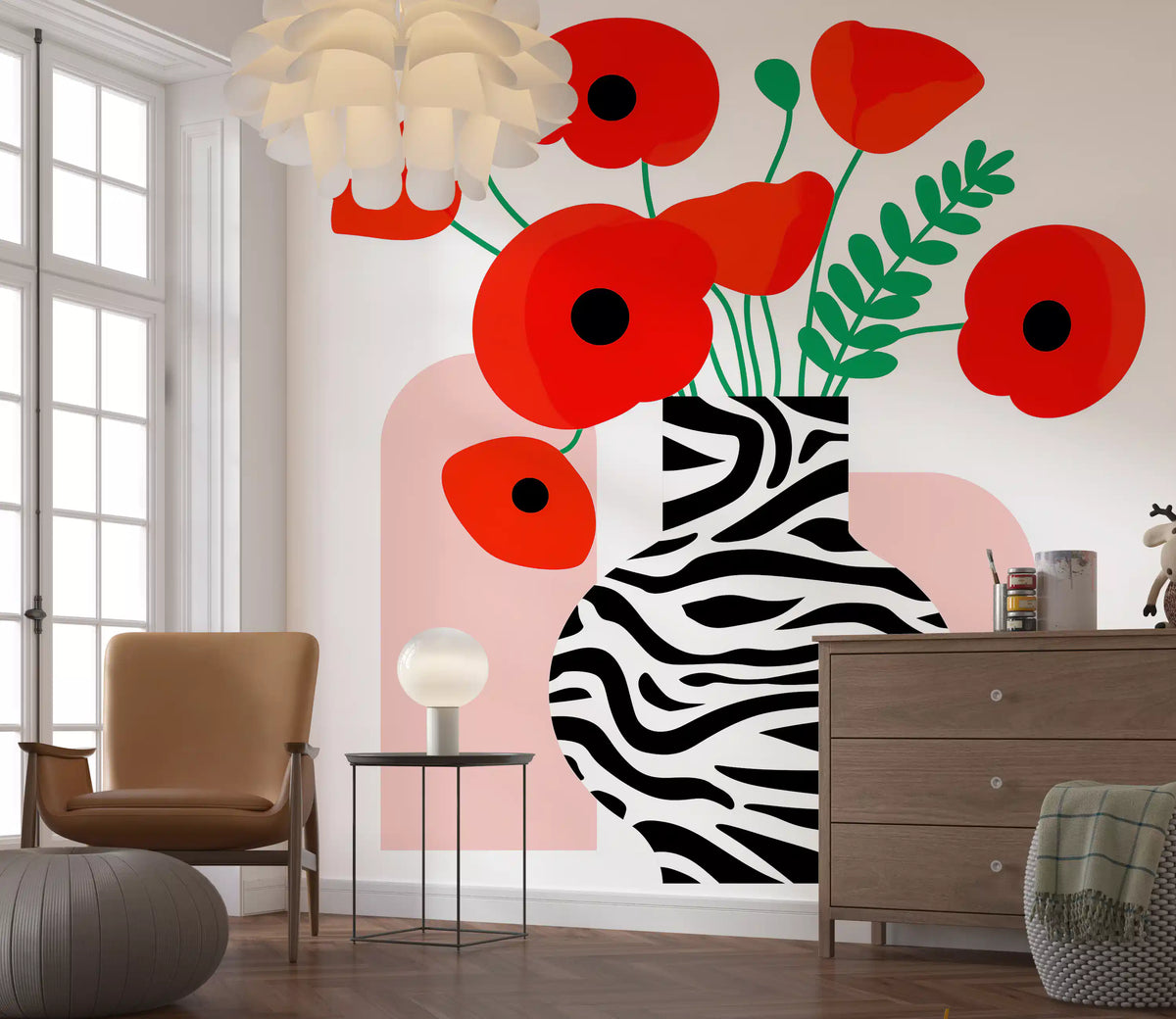 Papavéracées abstraites dans un vase à imprimé zèbre - fresque murale