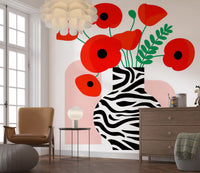 Papavéracées abstraites dans un vase à imprimé zèbre - fresque murale