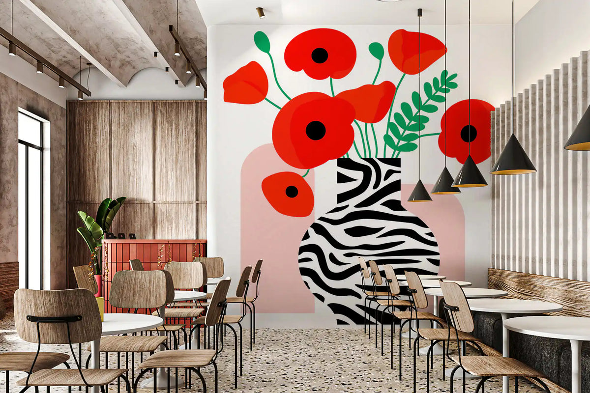 Papavéracées abstraites dans un vase à imprimé zèbre - fresque murale