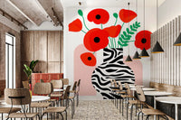 Papavéracées abstraites dans un vase à imprimé zèbre - fresque murale