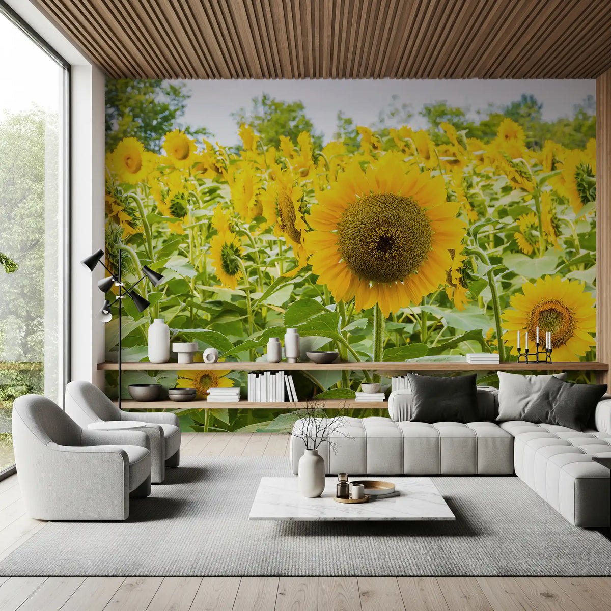 Papier peint panoramique champ de tournesols dorés dans une prairie