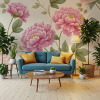 Papier peint mural panoramique « Jardin de pivoines rose poudré vintage »