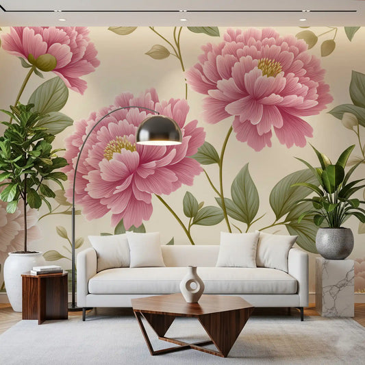 Papier peint mural panoramique « Jardin de pivoines rose poudré vintage »