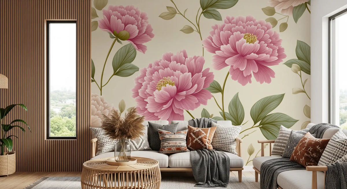Papier peint mural panoramique « Jardin de pivoines rose poudré vintage »
