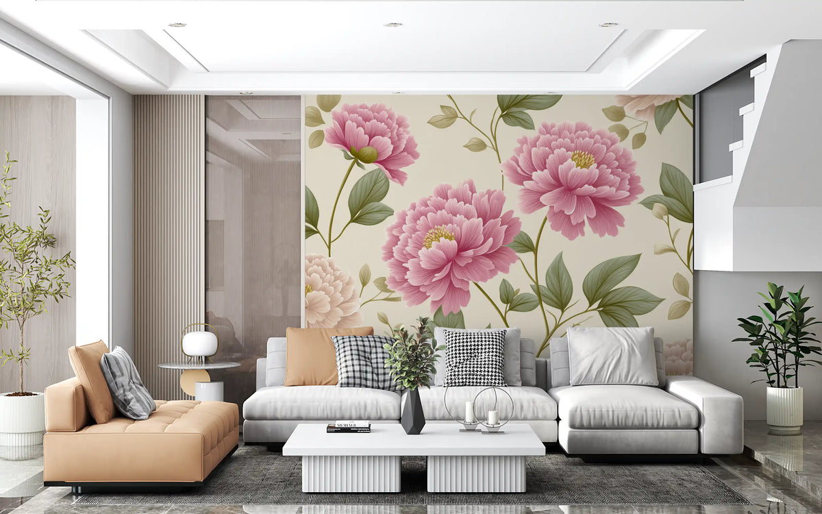 Papier peint mural panoramique « Jardin de pivoines rose poudré vintage »