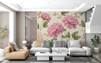 Papier peint mural panoramique « Jardin de pivoines rose poudré vintage »