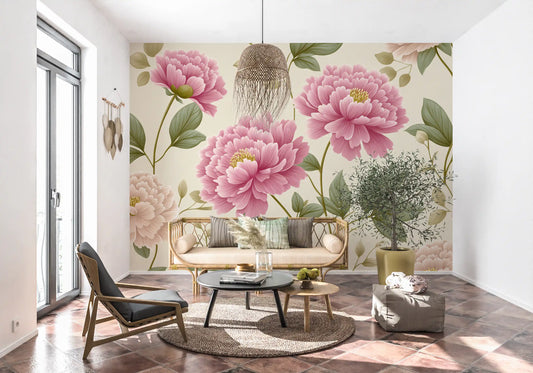Papier peint mural panoramique « Jardin de pivoines rose poudré vintage »