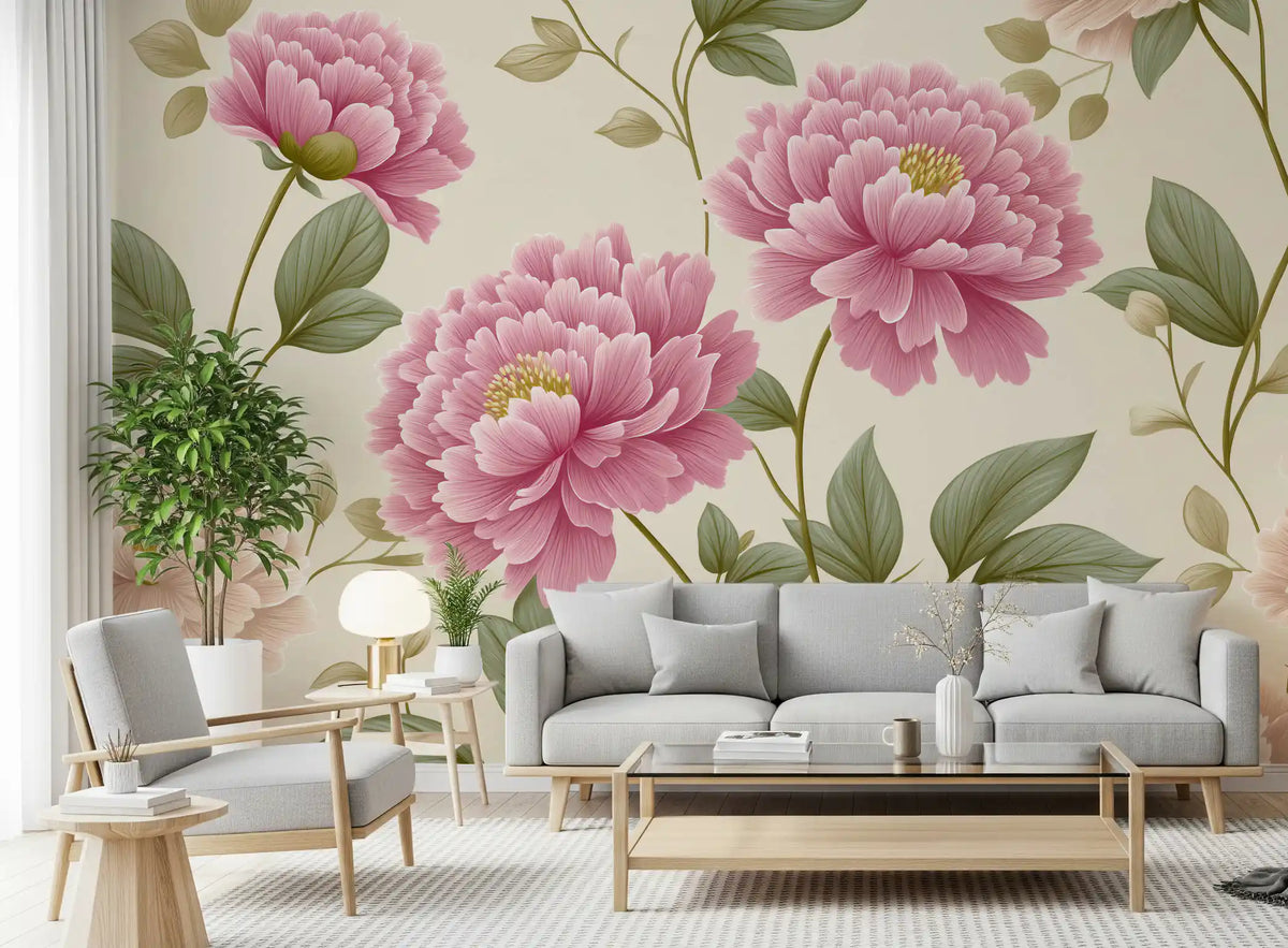 Papier peint mural panoramique « Jardin de pivoines rose poudré vintage »