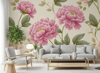 Papier peint mural panoramique « Jardin de pivoines rose poudré vintage »