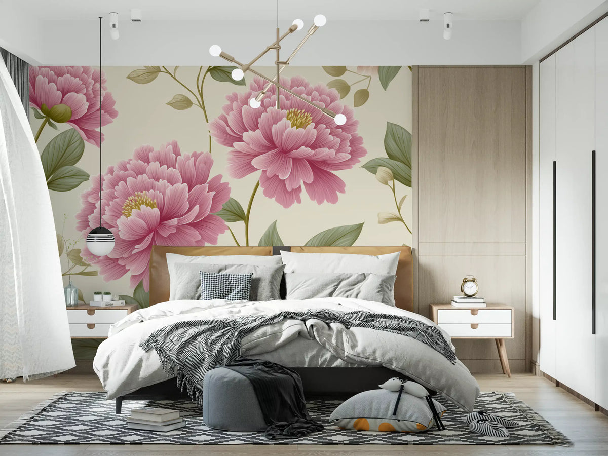 Papier peint mural panoramique « Jardin de pivoines rose poudré vintage »