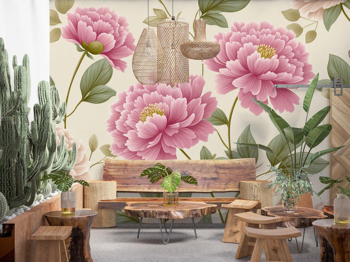 Papier peint mural panoramique « Jardin de pivoines rose poudré vintage »