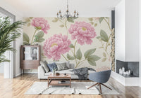 Papier peint mural panoramique « Jardin de pivoines rose poudré vintage »