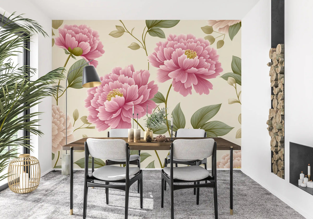 Papier peint mural panoramique « Jardin de pivoines rose poudré vintage »