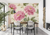 Papier peint mural panoramique « Jardin de pivoines rose poudré vintage »