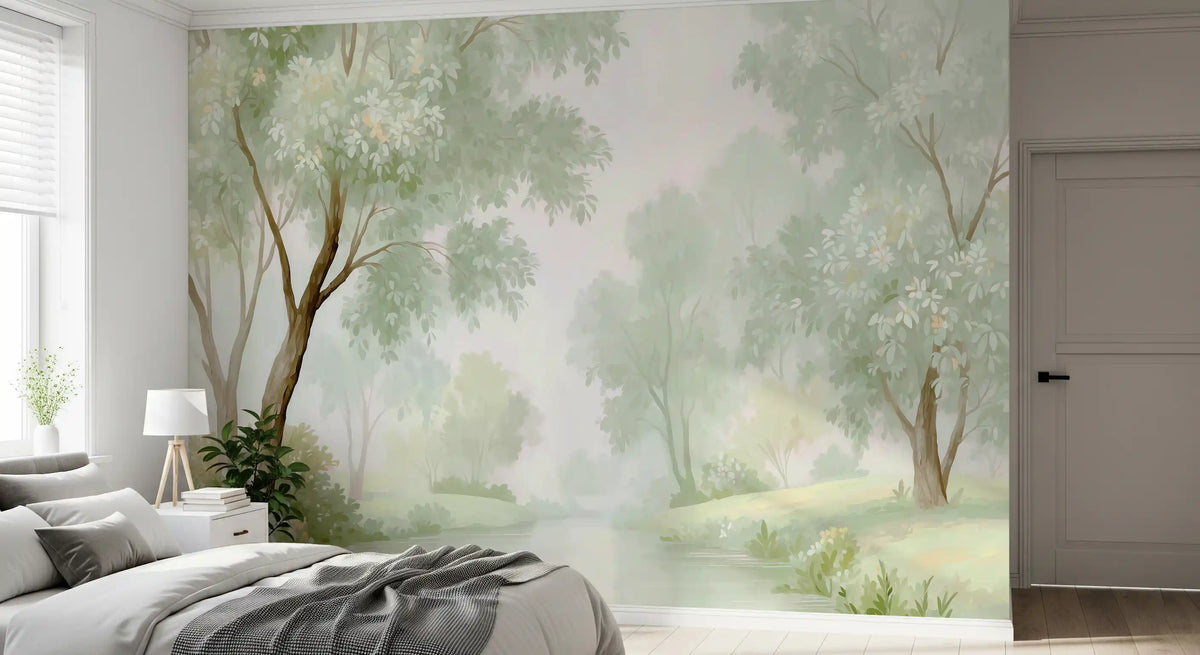 Murale da parete con foresta fluviale nella foschia mattutina