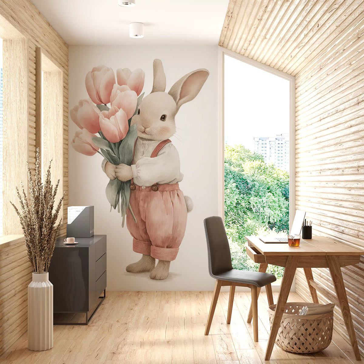Wandbild „Kleiner Hase mit Tulpenstrauß“