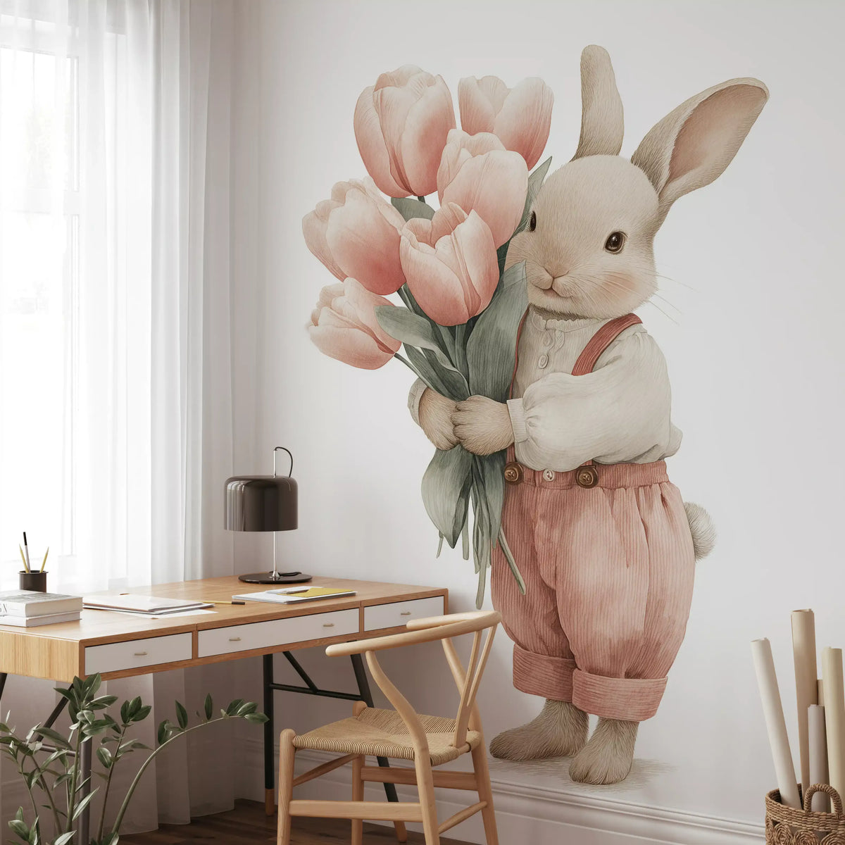 Wandbild „Kleiner Hase mit Tulpenstrauß“