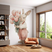 Wandbild „Kleiner Hase mit Tulpenstrauß“