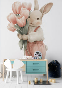 Wandbild „Kleiner Hase mit Tulpenstrauß“