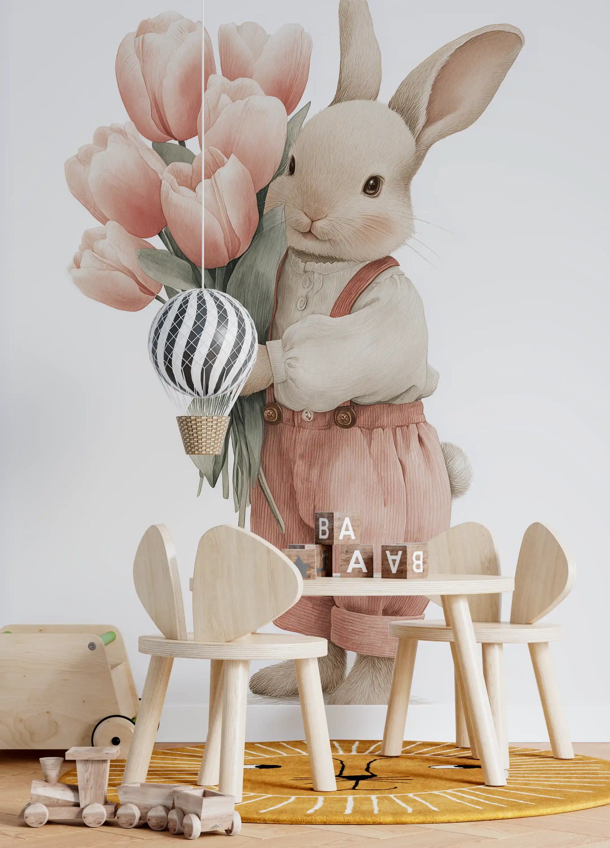Wandbild „Kleiner Hase mit Tulpenstrauß“