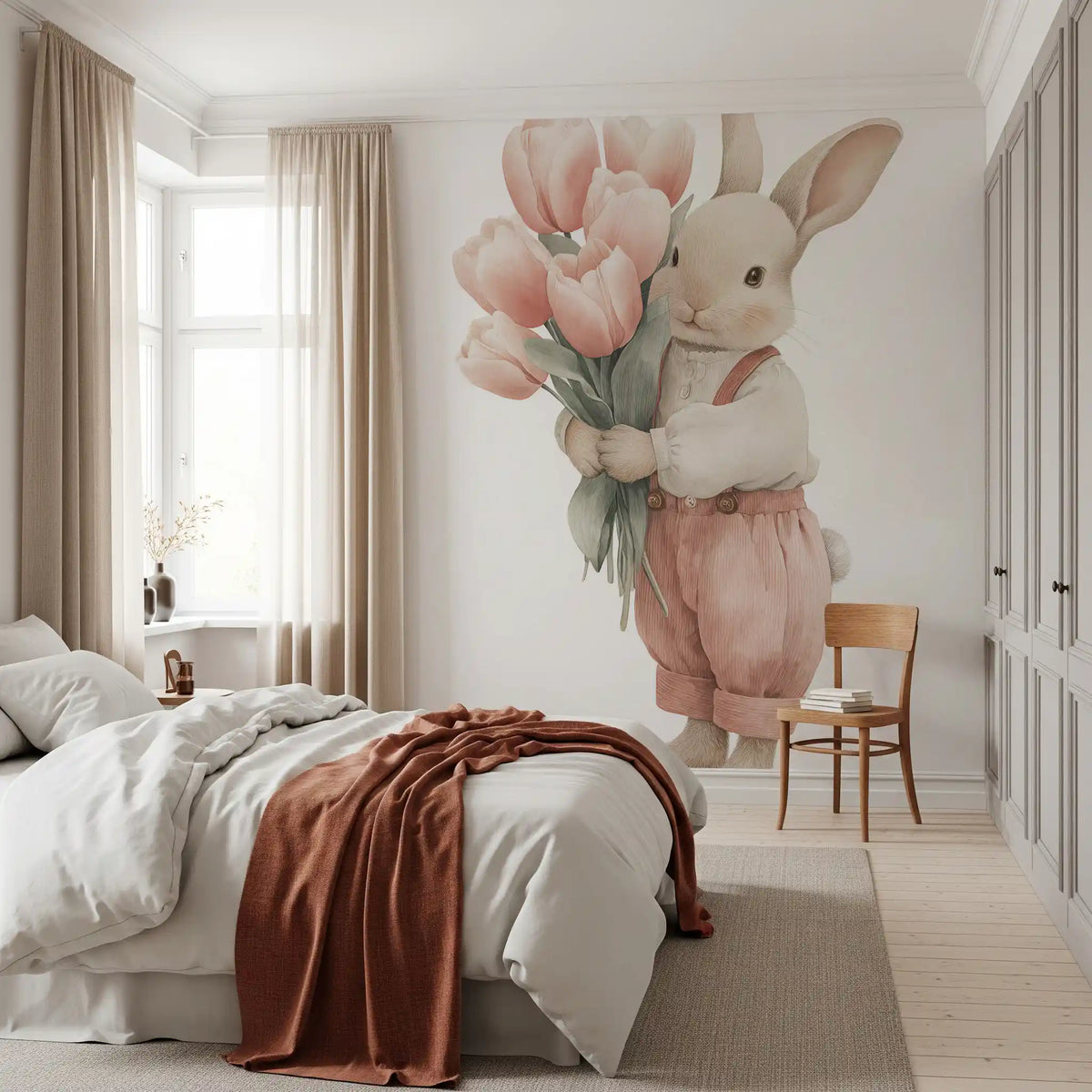Wandbild „Kleiner Hase mit Tulpenstrauß“