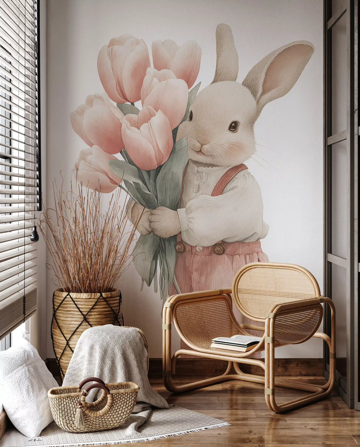 Wandbild „Kleiner Hase mit Tulpenstrauß“