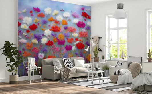 Papier peint panoramique mural motif prairie de fleurs en laine