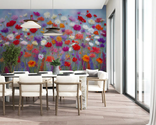 Papier peint panoramique mural motif prairie de fleurs en laine