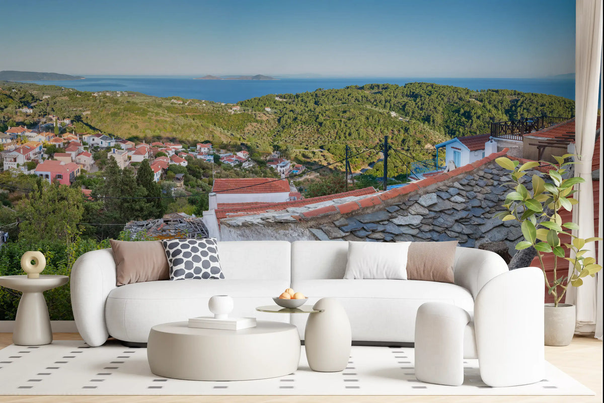 Rustikales Wandbild „Terrakotta-Dächer mit Aussicht“